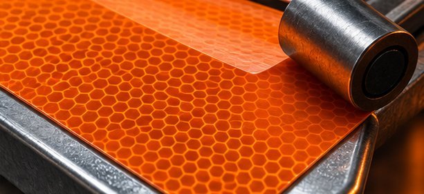 Rodillo aplicando lámina reflejante naranja sobre charola
