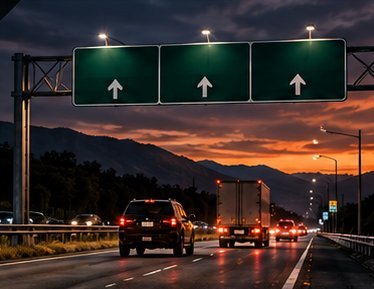 Autopista al atardecer con señalamiento elevado
