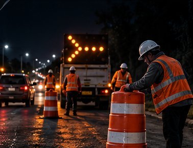 Cuadrilla colocando trafitambos durante trabajos de mantenimiento vial