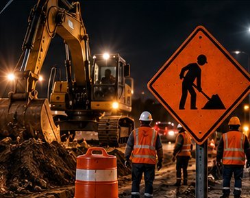 Frente de obra nocturno con maquinaria, trafitambo y señal de obra