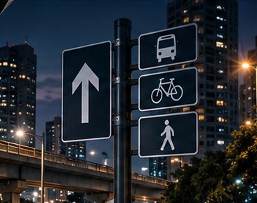 Señales urbanas de dirección, transporte, ciclovía y peatones
